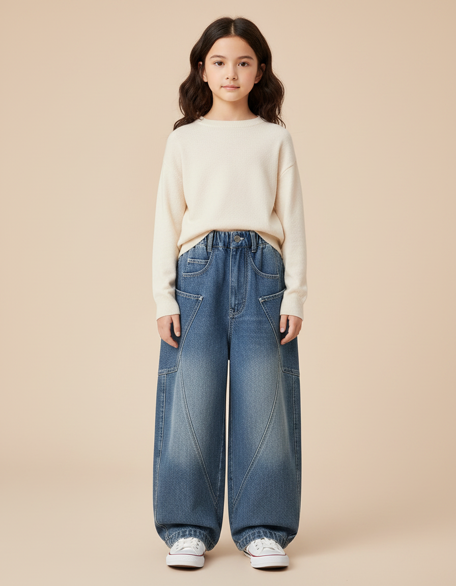 Pantalon Chinois Jean Ample Évasé Enfant - Bleu