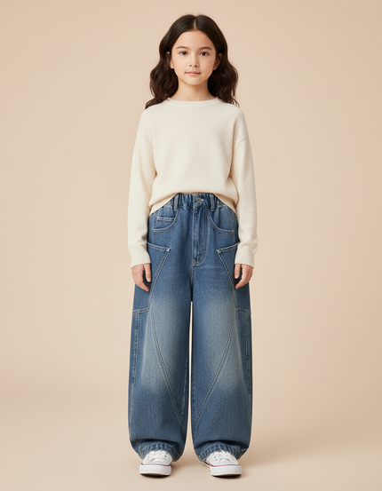 Pantalon Chinois Jean Ample Évasé Enfant - Bleu