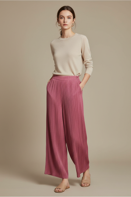 Pantalon Chinois Rose Plissé Ample Fluide Élégant - Polyester