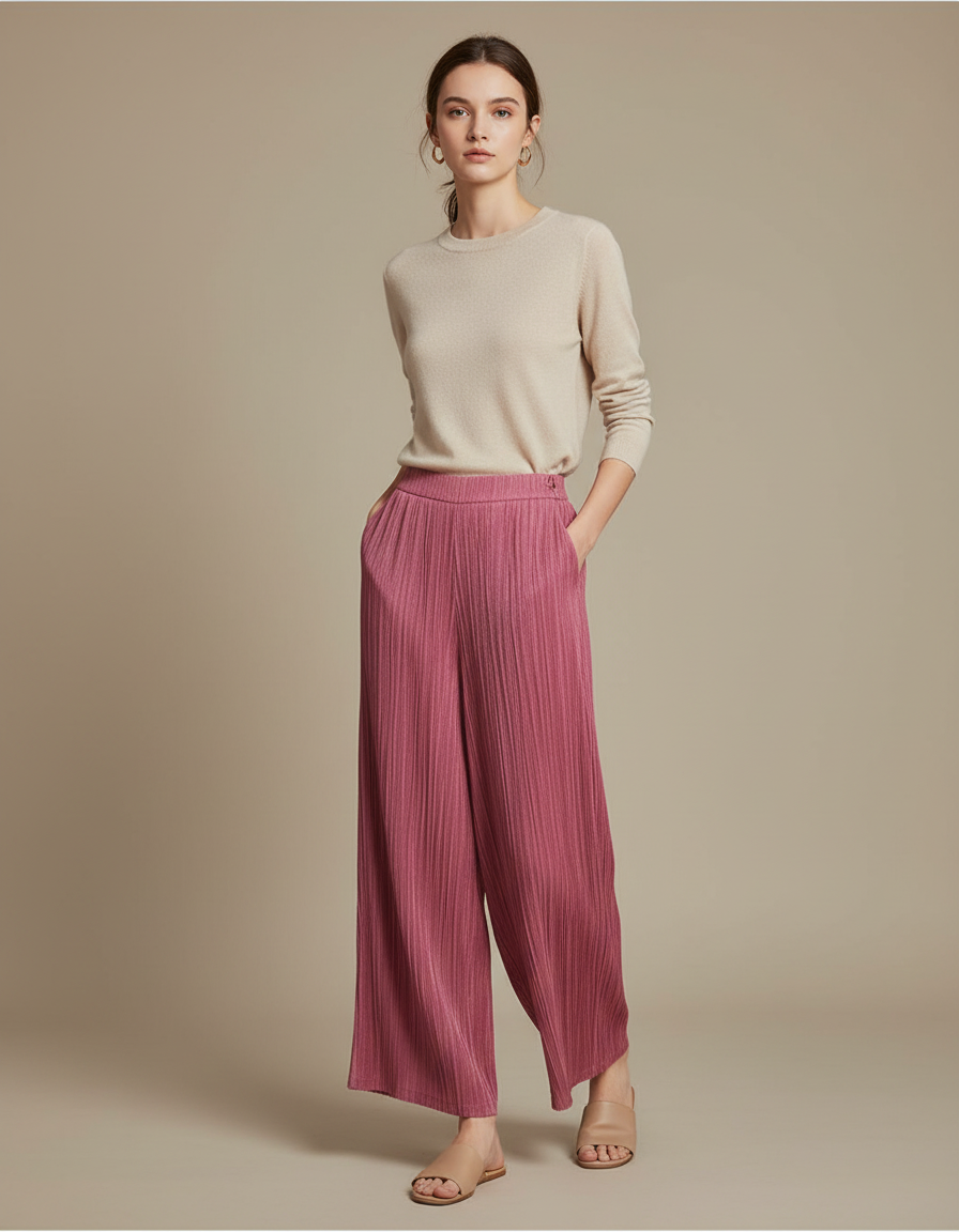 Pantalon Chinois Rose Plissé Ample Fluide Élégant - Polyester