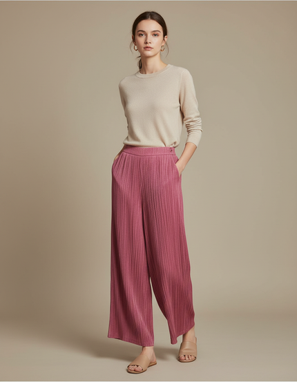 Pantalon Chinois Rose Plissé Ample Fluide Élégant - Polyester