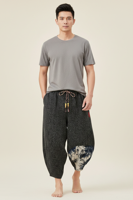Pantalon Chinois Gris Ample Coton Imprimé Décontracté - Molleton