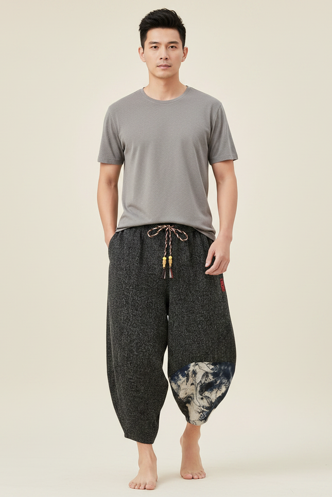 Pantalon Chinois Gris Ample Coton Imprimé Décontracté - Molleton