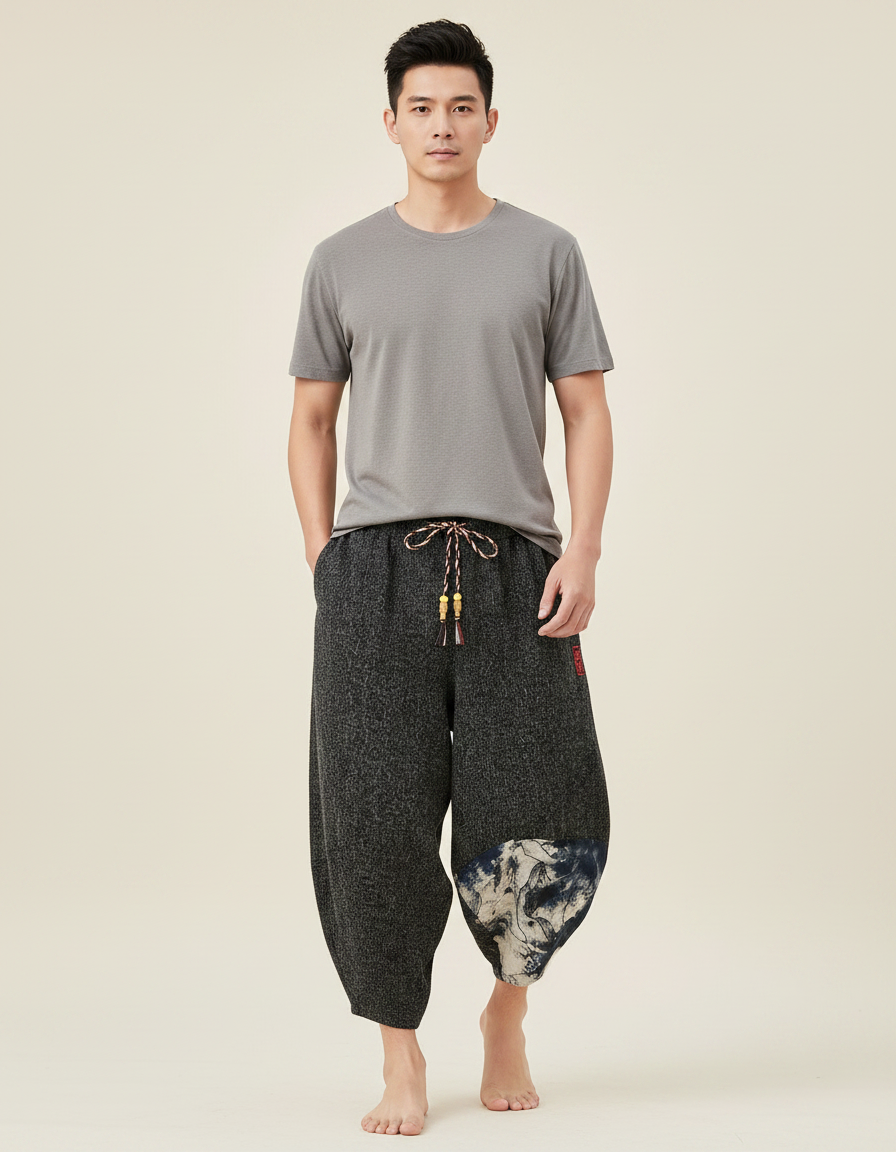 Pantalon Chinois Gris Ample Coton Imprimé Décontracté - Molleton