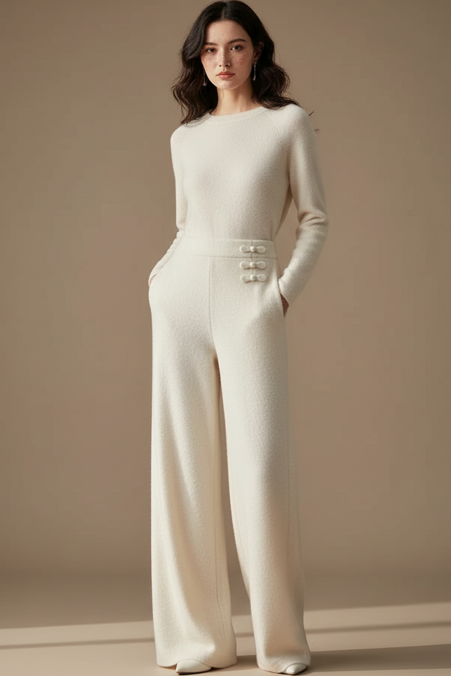 Pantalon Chinois Crème Tricoté Ample Décontracté Élégant - Blanc Maille