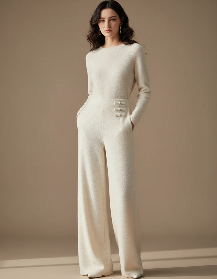 Pantalon Chinois Crème Tricoté Ample Décontracté Élégant - Blanc Maille