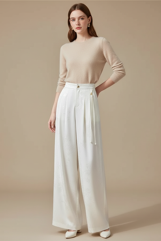 Pantalon Chinois Satin Jacquard Blanc Ample Élégant