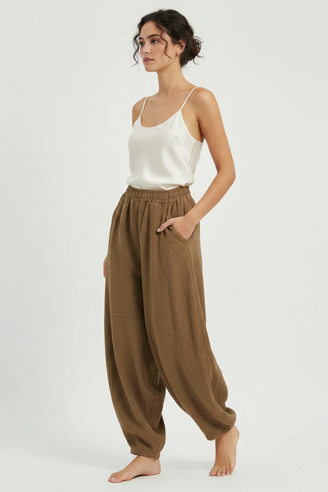 Pantalon Chinois Marron Ample Coton Lin Harem