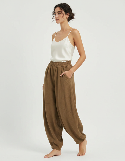 Pantalon Chinois Marron Ample Coton Lin Harem
