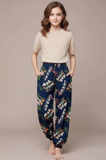 Pantalon Chinois Bleu Marine Imprimé Ample Décontracté Fille - Viscose