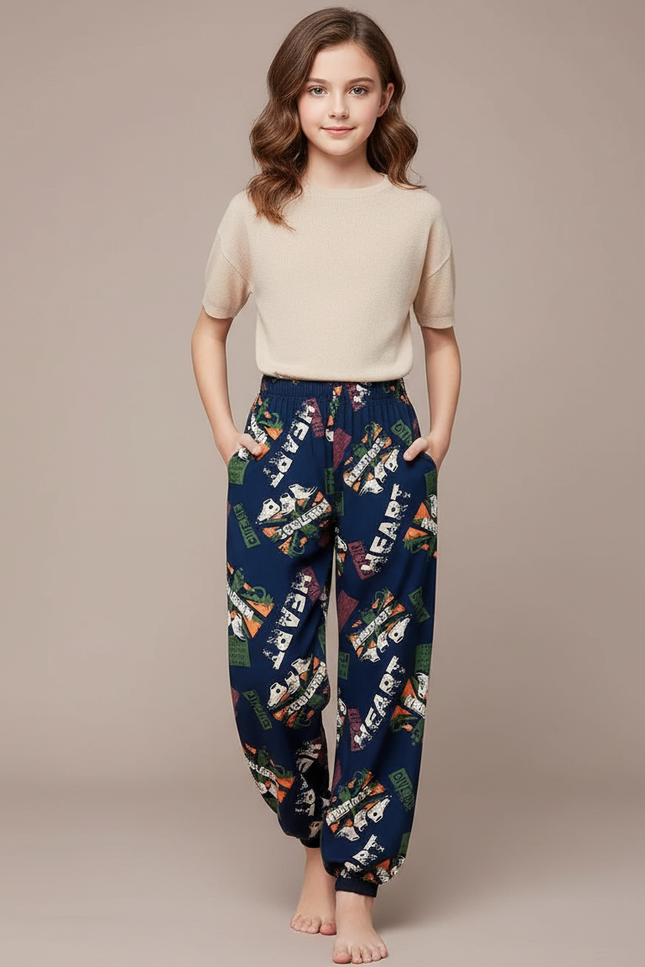 Pantalon Chinois Bleu Marine Imprimé Ample Décontracté Fille - Viscose