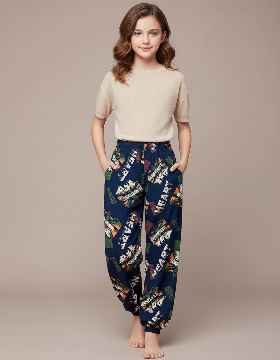 Pantalon Chinois Bleu Marine Imprimé Ample Décontracté Fille - Viscose