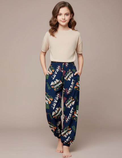 Pantalon Chinois Bleu Marine Imprimé Ample Décontracté Fille - Viscose
