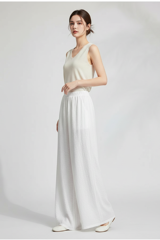 Pantalon Chinois Blanc Ample Fluide Texturé Femme - Lin