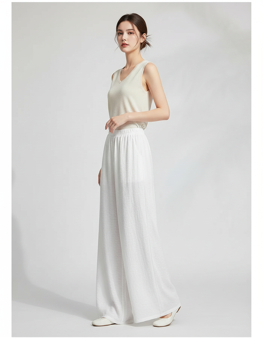 Pantalon Chinois Blanc Ample Fluide Texturé Femme - Lin