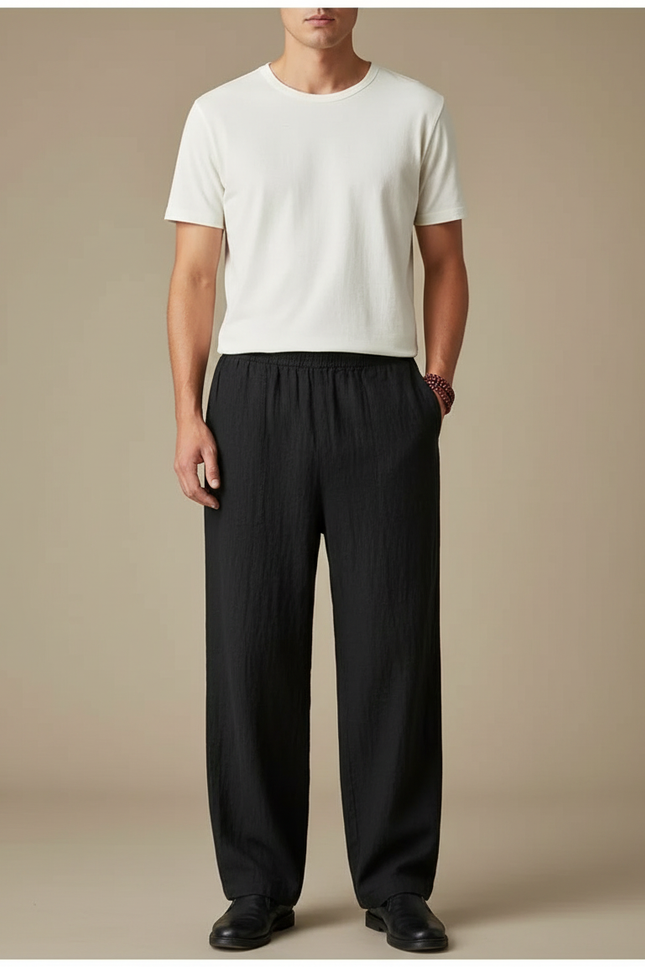 Pantalon Chinois Noir Ample Coton Lin Casual Homme