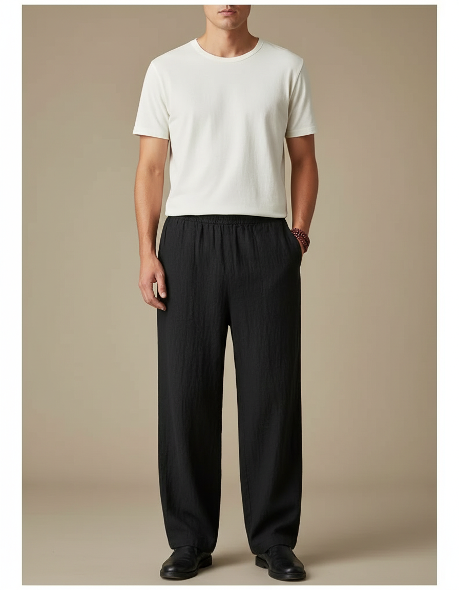 Pantalon Chinois Noir Ample Coton Lin Casual Homme