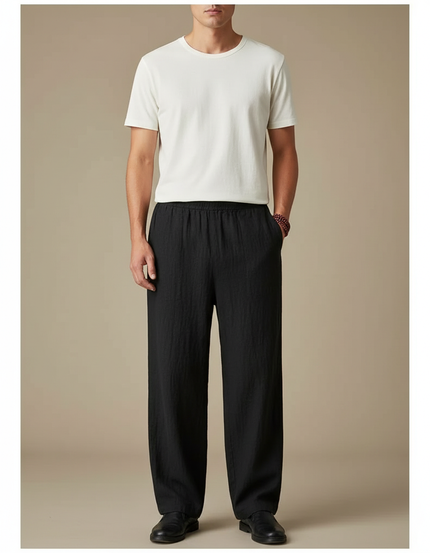 Pantalon Chinois Noir Ample Coton Lin Casual Homme