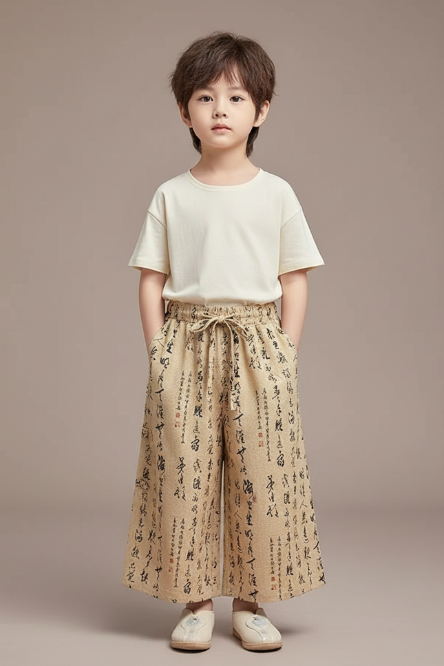 Pantalon Chinois Beige Ample Calligraphie Coton Unisexe - Lin
