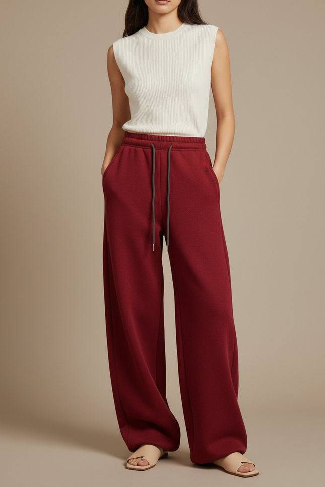 Pantalon Chinois Bordeaux Ample Molletonné Décontracté Cordon
