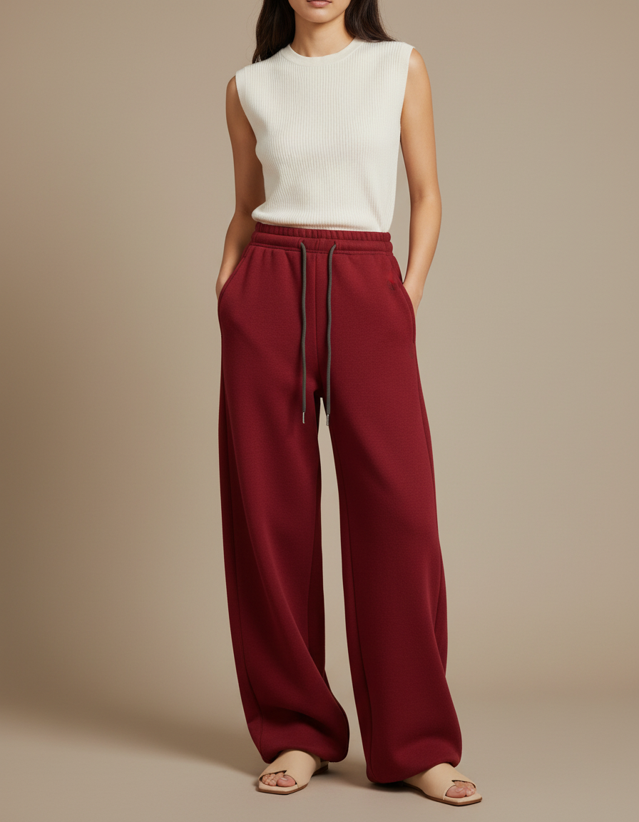 Pantalon Chinois Bordeaux Ample Molletonné Décontracté Cordon