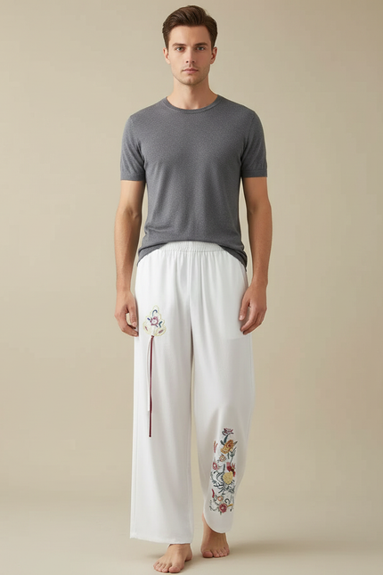 Pantalon Chinois Blanc Ample Brodé Ethnique Fluide - Viscose