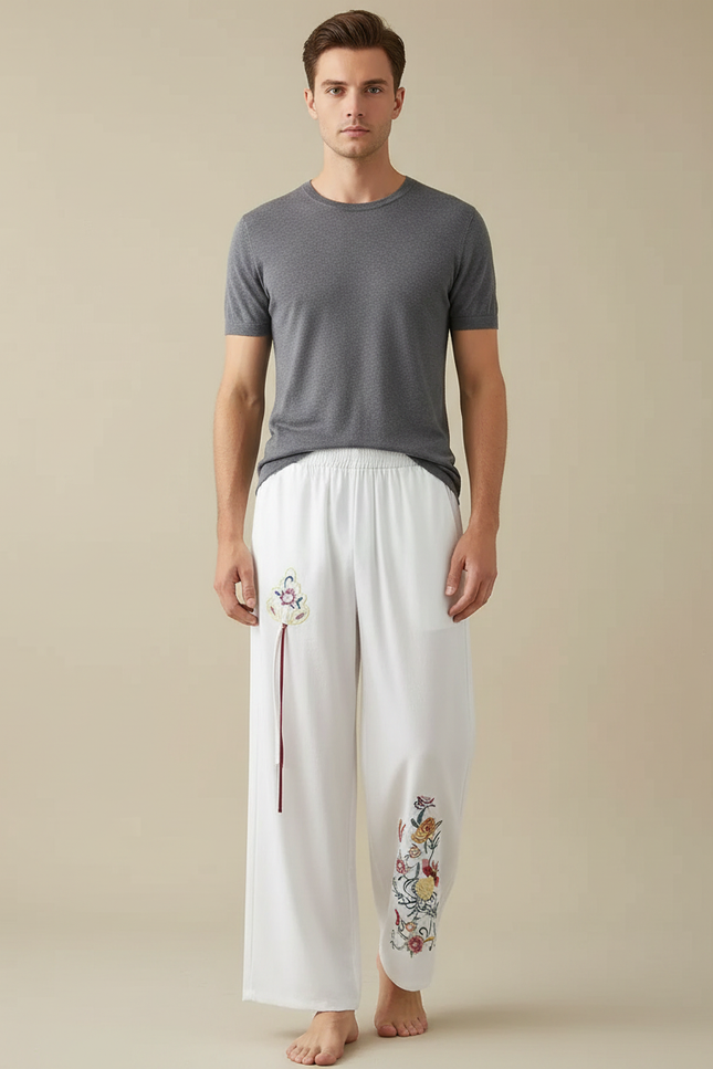 Pantalon Chinois Blanc Ample Brodé Ethnique Fluide - Viscose