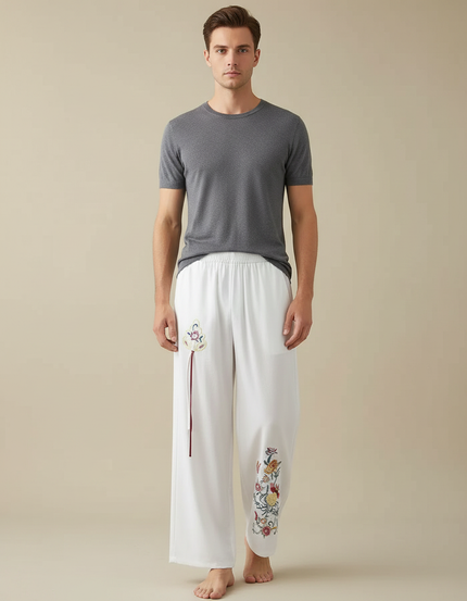 Pantalon Chinois Blanc Ample Brodé Ethnique Fluide - Viscose