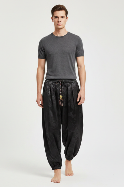 Pantalon Chinois Noir Satiné Jacquard Dragon Ample Harem