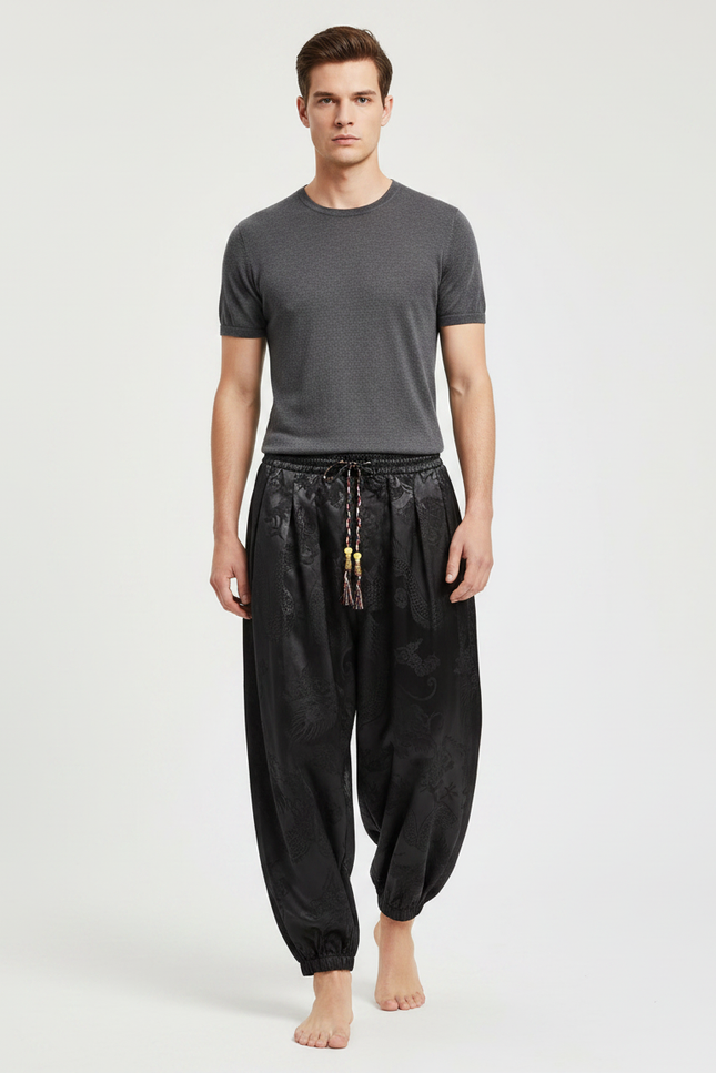 Pantalon Chinois Noir Satiné Jacquard Dragon Ample Harem