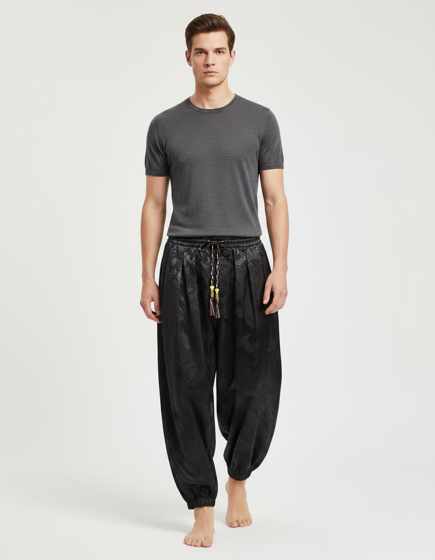 Pantalon Chinois Noir Satiné Jacquard Dragon Ample Harem