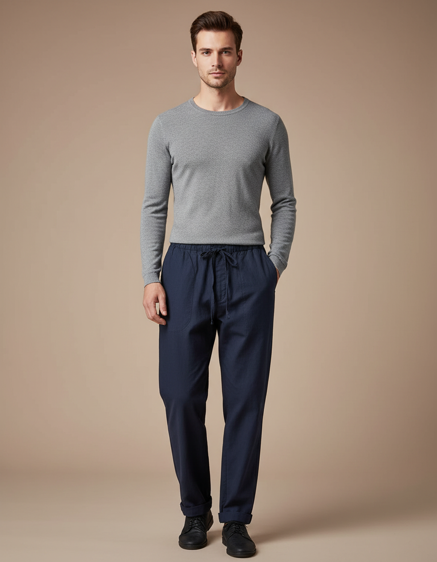 Pantalon Chinois Homme Bleu Marine Ample - Coton