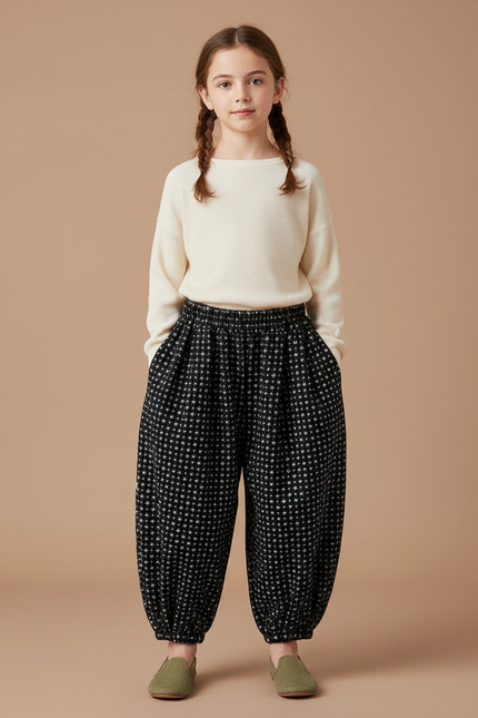 Pantalon Chinois Noir Ample Imprimé Floral Enfant Hiver - Molleton