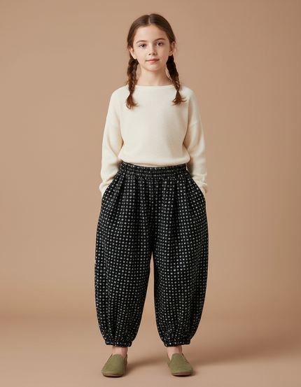Pantalon Chinois Noir Ample Imprimé Floral Enfant Hiver - Molleton