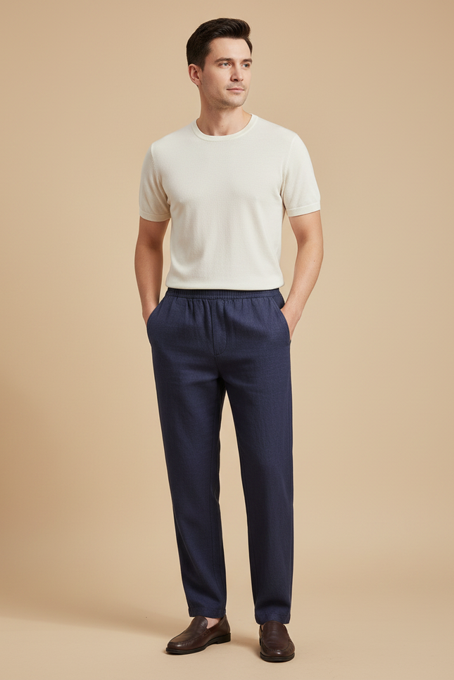 Pantalon Chinois Bleu Marine Ample Lin Confortable Homme