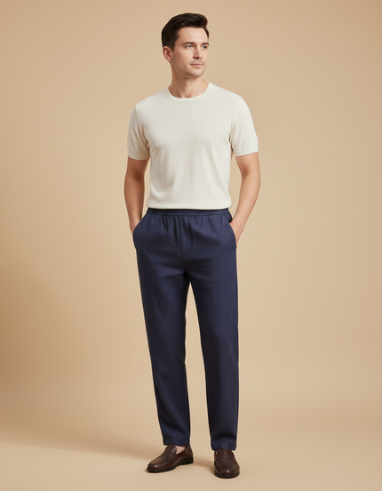 Pantalon Chinois Bleu Marine Ample Lin Confortable Homme