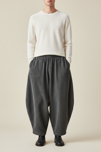 Pantalon Chinois Gris Côtelé Ample Décontracté Homme - Cordé
