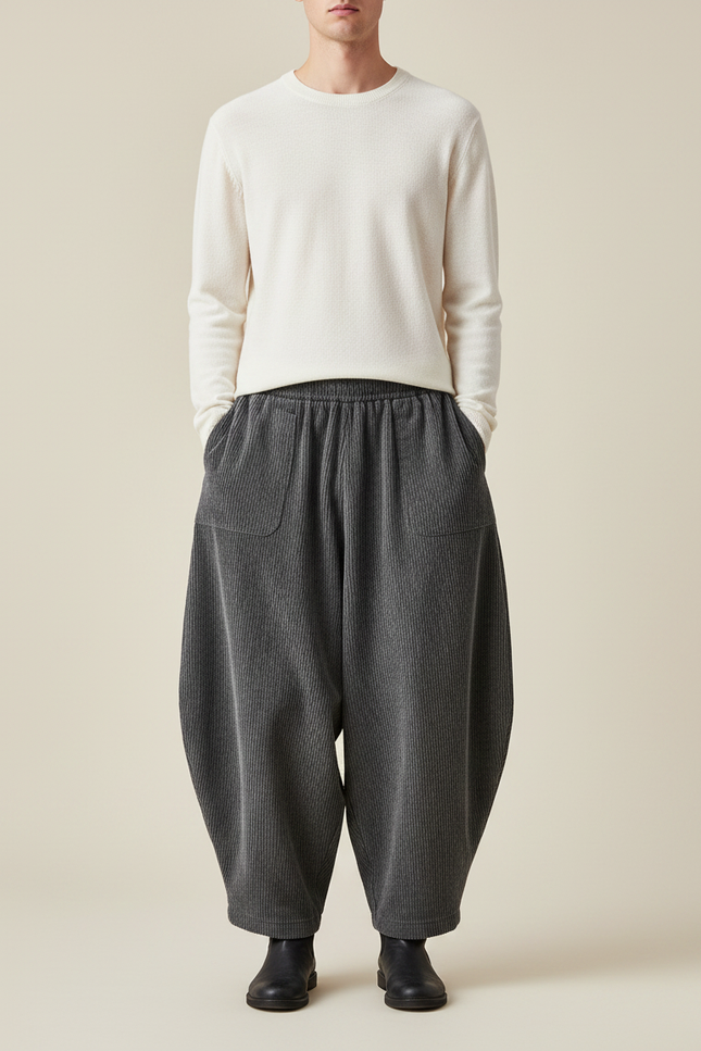 Pantalon Chinois Gris Côtelé Ample Décontracté Homme - Cordé