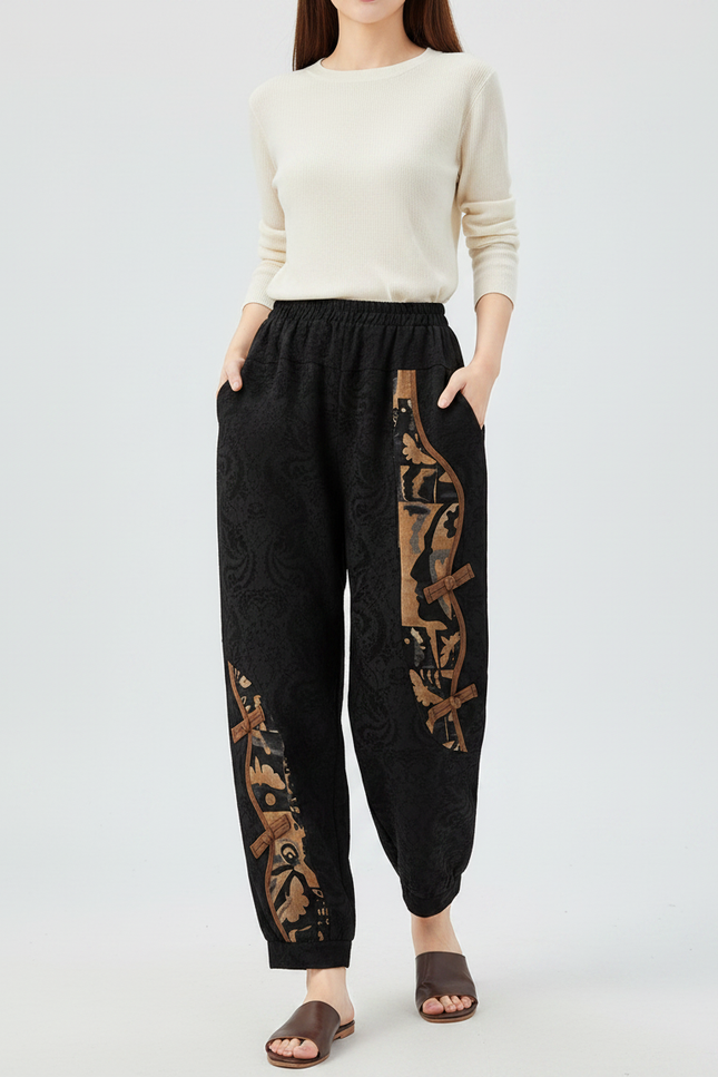 Pantalon Chinois Noir Ample Brodé Décontracté Femme - Coton