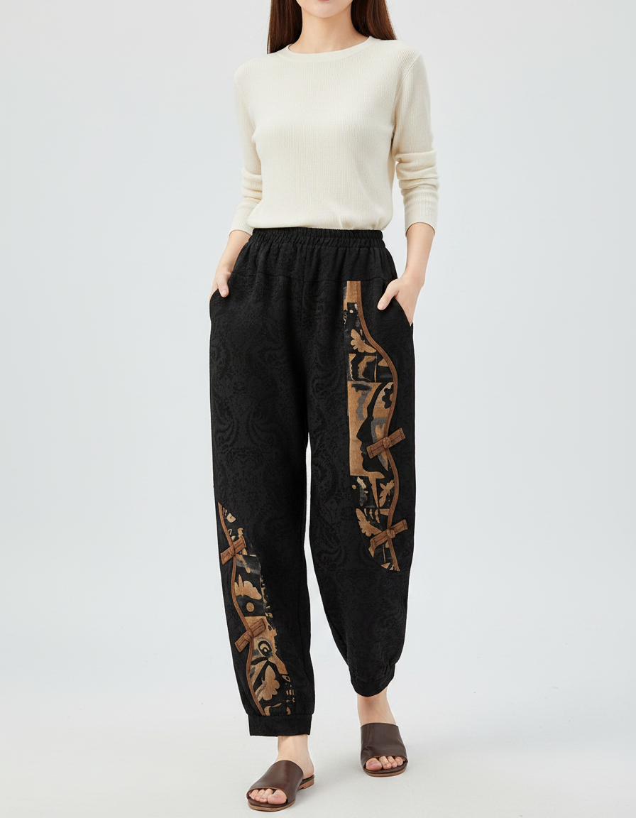 Pantalon Chinois Noir Ample Brodé Décontracté Femme - Coton