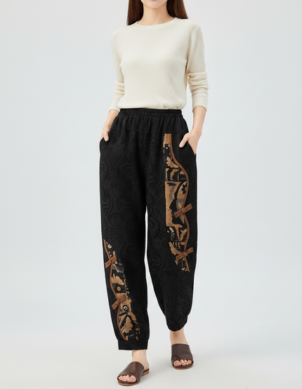 Pantalon Chinois Noir Ample Brodé Décontracté Femme - Coton