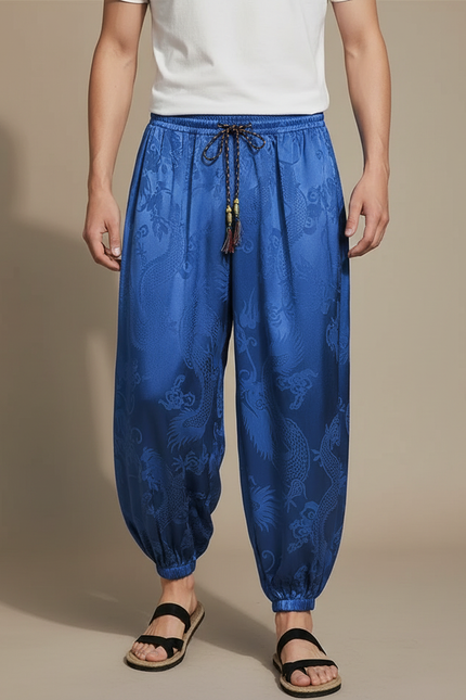 Pantalon Chinois Satin Bleu Dragon Ample Homme