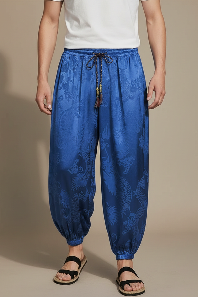 Pantalon Chinois Satin Bleu Dragon Ample Homme