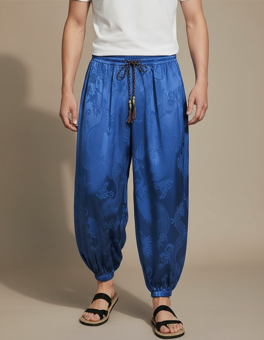Pantalon Chinois Satin Bleu Dragon Ample Homme