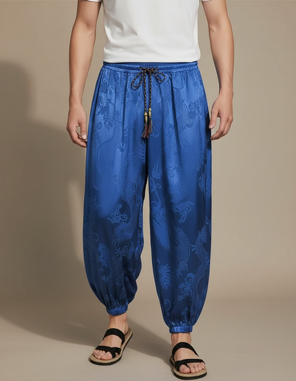 Pantalon Chinois Satin Bleu Dragon Ample Homme
