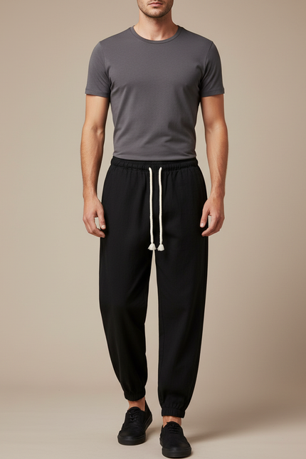 Pantalon Chinois Noir Coton Ample Décontracté Cordon