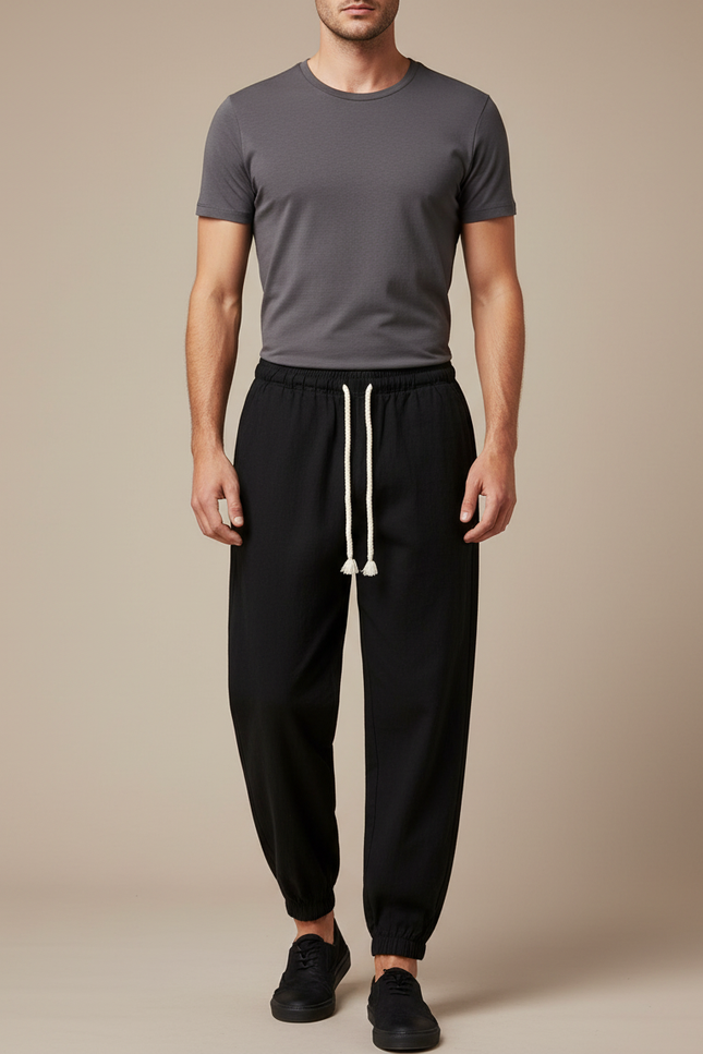 Pantalon Chinois Noir Coton Ample Décontracté Cordon