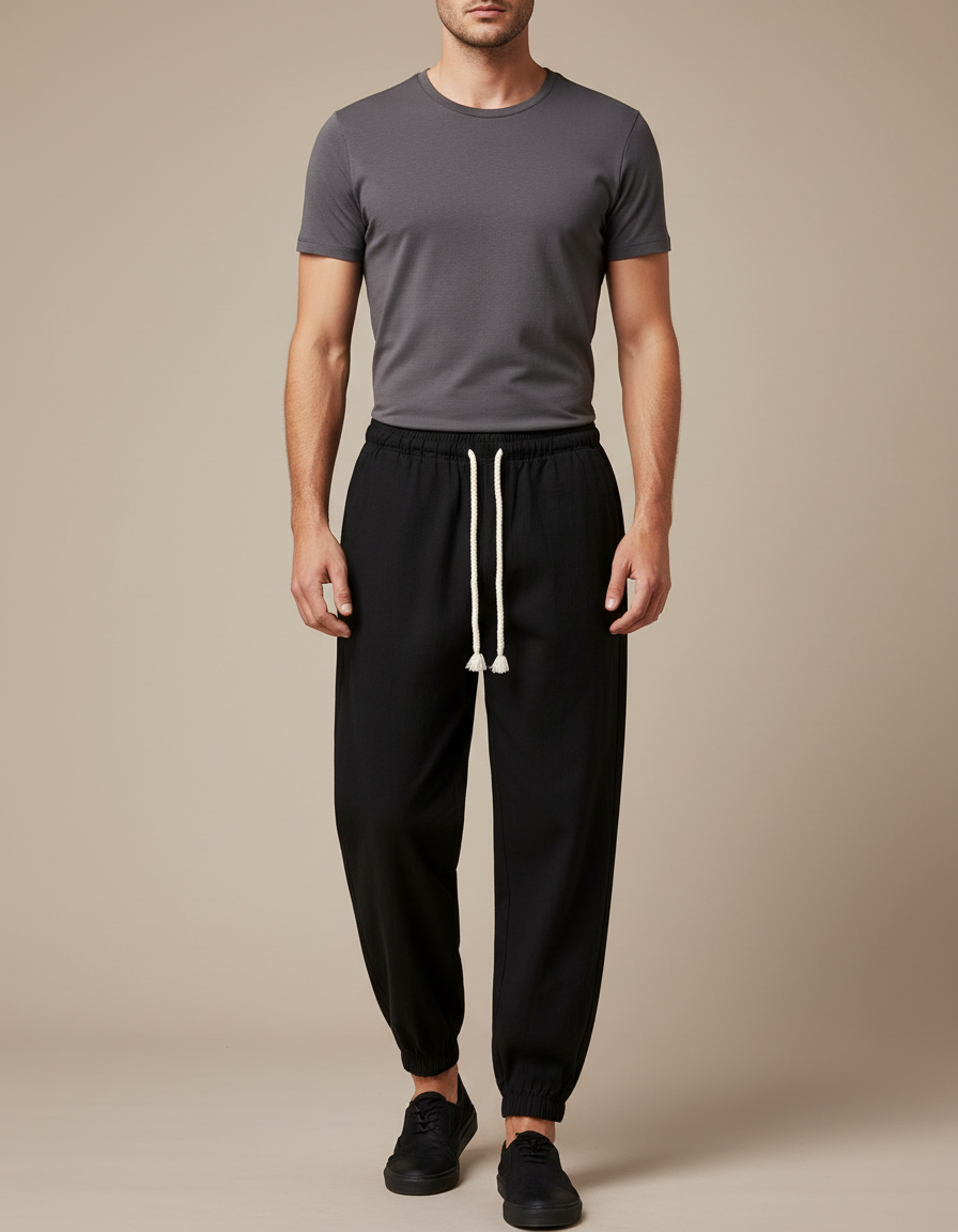 Pantalon Chinois Noir Coton Ample Décontracté Cordon
