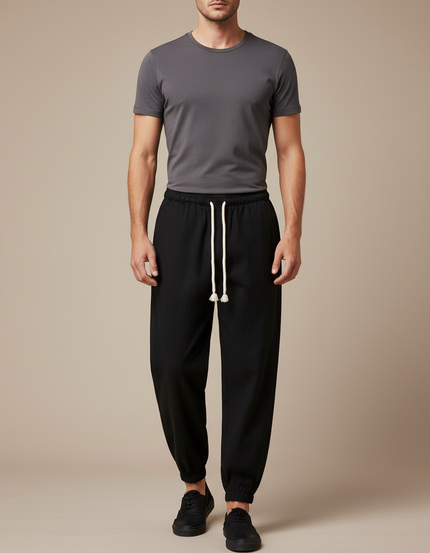 Pantalon Chinois Noir Coton Ample Décontracté Cordon