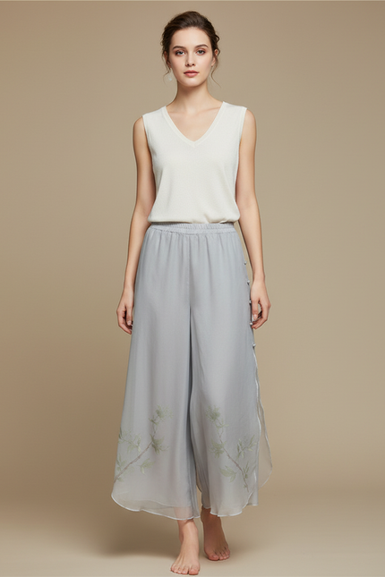 Pantalon Chinois Gris Fluide Brodé Transparent Femme - Soie